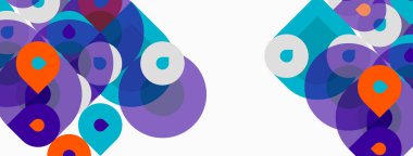 Soyut tasarım, üst üste binen daireler, canlı renkler. Kompozisyon turuncu aksanları, beyaz uzayı ve simetrik elementleri içerir. Modern, eğlenceli estetik..