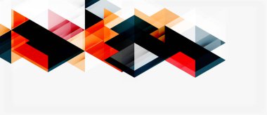 Soyut geometrik şekiller, üçgenler, kareler dinamik desenler oluşturur. Turuncu, kırmızı, gri renkler beyaz arkaplana hakim.