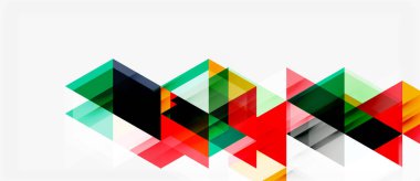 Soyut geometrik tasarım. Renkli üçgenler dinamik desenler oluşturur. Minimalist tarz, modern estetik, beyaz arkaplan.