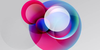 Üst üste binen renkli daireler içeren soyut bir kompozisyon. Gradyan gölgeler dinamik görsel efekt yaratır, yumuşak ışıltı mevcut.