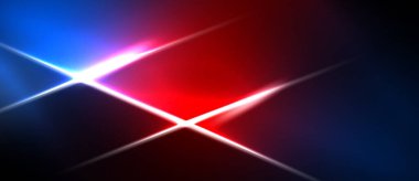 Parlak kırmızı, mavi ışık çizgileri kesişiyor. Karanlık arka plan dramatik görsel efektler yaratır. Yoğun aydınlatma resme hakim olur.