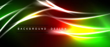 Soyut canlı çizgiler dinamik renkli bir arkaplan yaratır. Yumuşak kıvrımlar yeşil, kırmızı, sarı renkleri harmanlıyor. Modern tasarım ögesi.