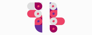 Abstract design features colorful overlapping circles, rectangles. Shapes create playful, modern visual composition. Simple geometry dominates image.