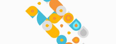 Soyut geometrik şekiller, daireler, kareler, dikdörtgenler. Turuncu, mavi, şeftali renkleri beyaz arkaplana hakim. Minimalist tasarım.