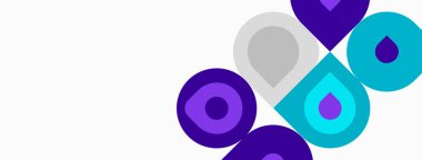 Soyut geometrik şekiller, daireler, kareler, üst üste binen renkler. Mor, turkuaz, gri renkler kompozisyona hakim. Minimalist tasarım.