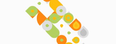 Soyut geometrik şekiller, daireler, kareler, dikdörtgenler. Turuncu, yeşil, sarı renkler basit tasarıma hakim. Minimalist model, düz illüstrasyon.