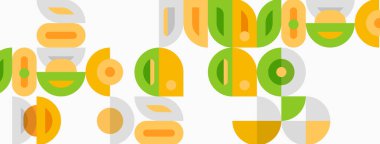 Soyut geometrik desen. Şekiller örtüşüyor, eğlenceli görsel doku yaratıyor. Renkler sarı, yeşil, gri. Minimalist tasarım.