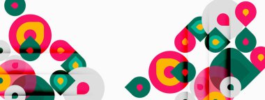 Soyut geometrik şekiller örtüşür, canlı renkli desenler yaratır. Daireler, kareler, dikdörtgenler kompozisyona hakim. Modern tasarım.