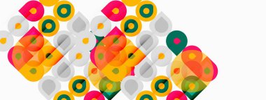 Soyut geometrik desen. Üst üste binen daireler, kareler canlı renkli kompozisyon oluşturur. Modern tasarım ögesi.