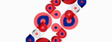 Soyut geometrik şekiller, daireler, kırmızı, mavi, gri. Üst üste binen formlar dinamik görsel desen oluşturur. Minimalist tasarım, temiz estetik.