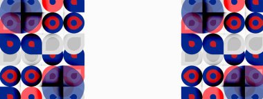 Geometrik desen daireler, kareler içerir. Renkler arasında kırmızı, mavi, mor, beyaz. Tasarım tekrarlı ve modern görünüyor. Basit şekiller görsel ilgi yaratır.