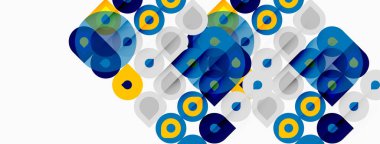 Soyut geometrik desen. Mavi, sarı, gri daireler, kareler üst üste binerek modern tasarım yaratıyorlar. Temiz estetik, basit şekiller kompozisyona hakim..