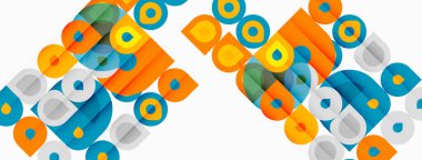 Soyut geometrik desen. Kareler, dikdörtgenler, daireler örtüşüyor ve canlı bir görsel doku oluşturuyor. Turuncu, deniz mavisi egemen tasarım.