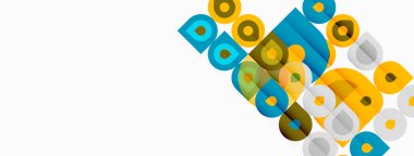 Soyut geometrik şekiller, daireler, kareler kesişir. Parlak renkler dinamik görsel efekt yaratır. Modern tasarım ögesi.