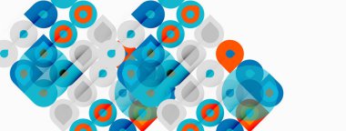 Soyut geometrik şekiller, daireler, kareler, çakışan formlar. Mavi, turuncu, gri renk düzeni modern tasarım yaratır.