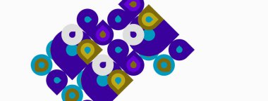 Soyut şablon tekrarlayan daireler, kareler içerir. Mor, bej, deniz mavisi renkleri kompozisyona hakim. Minimalist tasarım modern estetiği çağrıştırıyor.