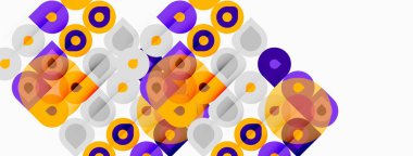 Soyut geometrik desen. Üst üste binen daireler, kareler, canlı turuncu, mor renkler dinamik görsel doku yaratır. Modern tasarım ögesi.