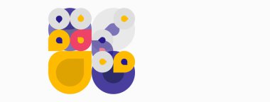 Soyut daireler, mor, sarı, beyaz. Üst üste binen şekiller eğlenceli kompozisyon oluşturur. Minimalist tasarım, modern estetik.