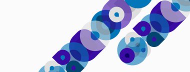 Soyut tasarım, üst üste binen daireler, değişik tonlarda mor, mavi, gri. Minimalist kompozisyon, köşegen düzenleme, temiz estetik.