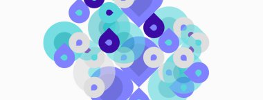 Üst üste binen daireler içeren soyut kompozisyon, değişik tonlar mor, mavi, turkuaz. Minimalist tasarım, temiz estetik, modern his.