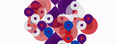 Üst üste binen daireler, boyutlar ve gölgeler içeren soyut bir kompozisyon. Pembe, mor, mavi renkler beyaz arkaplana hakim. Modern tasarım.