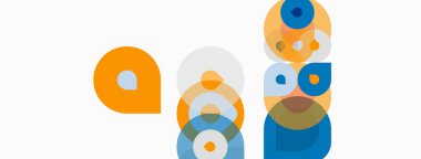 Soyut geometrik şekiller çakışıyor, renkli desenler yaratıyor. Çemberler kompozisyona hükmediyor, bağlantı ve birlik öneriyor. Minimalist tasarım.