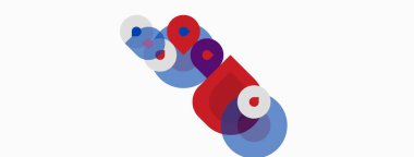 Soyut dizayn özellikleri üst üste binen daireler, kırmızı, mavi renkler. Minimalist kompozisyon, temiz çizgiler, modern estetik. Basit şekiller görsel ilgi yaratır.