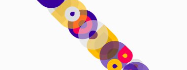 Soyut renkli daireler çakışıyor, dinamik görsel desen oluşturuyor. Beyaz arka planda parlak renklerin karşıtlığı. Modern tasarım ögesi.