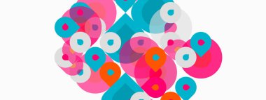 Üst üste binen renkli daireler içeren soyut bir kompozisyon. Pembe, turkuaz, turuncu renkler beyaz arka plana hakim. Modern tasarım ögesi.