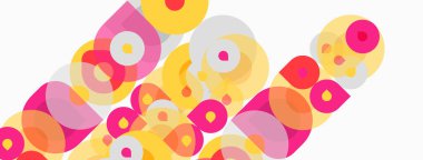 Üst üste binen daireler, pembeler, sarılar, beyazlar içeren soyut bir kompozisyon. Modern tasarım, basit şekiller dinamik görsel doku oluşturur.