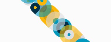 Soyut daireler örtüşüyor, canlı renkli bantlar oluşturuyor. Çapraz bileşim hareketi akla getiriyor, basit şekiller tasarıma hakim..