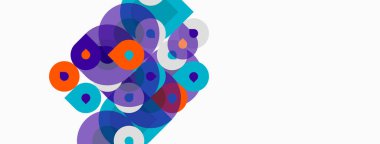 Soyut renkli daireler çakışıyor ve dinamik bileşim oluşturuyor. Gözlükler mavi, mor, turuncu, deniz mavisi. Minimalist tasarım, modern estetik.