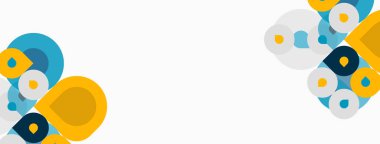 Soyut geometrik şekiller, daireler, üst üste binen formlar. Sarı, mavi, gri tonlar beyaz arkaplana hükmediyor. Minimalist tasarım, modern estetik.