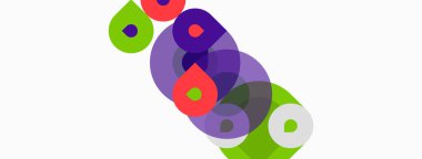 Soyut renkli şekiller çakışıyor. Mor, yeşil, kırmızı tonlar kompozisyona hakim. Minimalist tasarım, basit formlar mevcut. Temiz estetik.