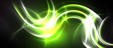 Parlak yeşil enerji akışları, dönen desenler koyu arkaplana hakim. Işık yayar, dinamik görsel efekt yaratır..