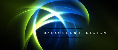 Soyut neon çizgileri dinamik parlak şekiller yaratır. Karanlık arka plan parlak kıvrımları, daireleri, ışık efektlerini vurgular. Modern tasarım ögesi.