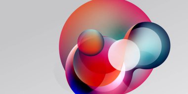 Soyut daireler örtüşür, canlı renk karışımları yaratır. Kırmızı, mavi, cyan renkleri koyu arka planda baskın gelir. Yumuşak gradyanlar modern tasarım sunar.