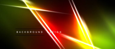 Canlı neon çizgileri soyut geometrik şekiller yaratır. Renkler siyah kenarlı, yeşilden kırmızıya karışıyor. Modern tasarım ögesi.