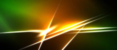 Soyut enerji hatları kesişiyor. Parlak ışık merkezi noktadan yayılıyor, eğimler yeşil, turuncu, siyah arasında değişiyor. Dinamik görsel efekt.