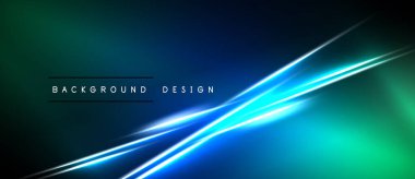 Soyut arkaplan parlak mavi neon çizgilerini koyu yeşil, mavi renkler üzerinde barındırır. Dijital projeler için modern tasarım ögesi.
