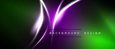 Karanlık arka planda parlak neon ışıkları var. Yeşil, mor renkler dinamik görsel efekt yaratır. Modern tasarım ögesi.