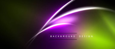 Soyut arkaplan hareketli eğriler ve gradyanlar içerir. Mor, yeşil renkler koyu uzaya hakim. Metin arkaplan tasarımı okur.