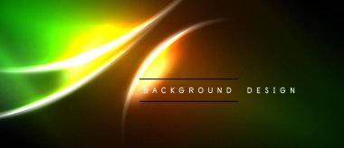 Soyut enerjik çizgiler dinamik akış yaratır. Yeşil, sarı, turuncu renkler koyu arkaplana karışıyor. Metin arkaplan tasarımı okur.