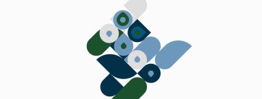 Soyut geometrik şekiller üst üste binerek modern tasarım yaratıyor. Çemberler, gözyaşları, farklı renkler görsel ilgi gösterir. Minimalist kompozisyon.