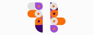 Soyut geometrik şekiller, turuncu, mor, gri. Minimalist tasarım, temiz çizgiler, modern estetik. Basit kompozisyon, düz çizim.