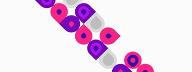 Soyut geometrik şekiller, mor daireler, gri kareler. Çapraz düzenleme dinamik görsel desen yaratır. Minimalist tasarım.