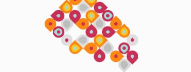 Soyut desen renkli daireler, yarı daireler içerir. Şekiller örtüşür ve dinamik görsel doku yaratır. Arkaplan beyaz, zıt elementler.