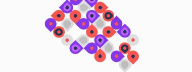 Soyut desen renkli daireler, kareler, üçgenler içerir. Şekiller örtüşür ve dinamik görsel doku yaratır. Minimalist tasarım, canlı renkler.