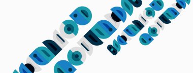 Soyut desenler üst üste binen daireler, kareler, dikdörtgenler. Mavi, deniz mavisi renkleri beyaz arkaplana hükmediyor. Minimalist tasarım.