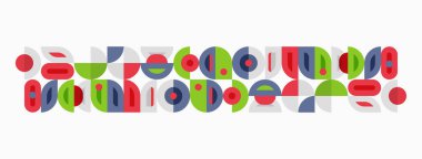 Soyut geometrik şekiller, renkli desenler, orta yüzyıl modern tarzı. Basit tasarım, düz illüstrasyon, tekrarlayan elementler.